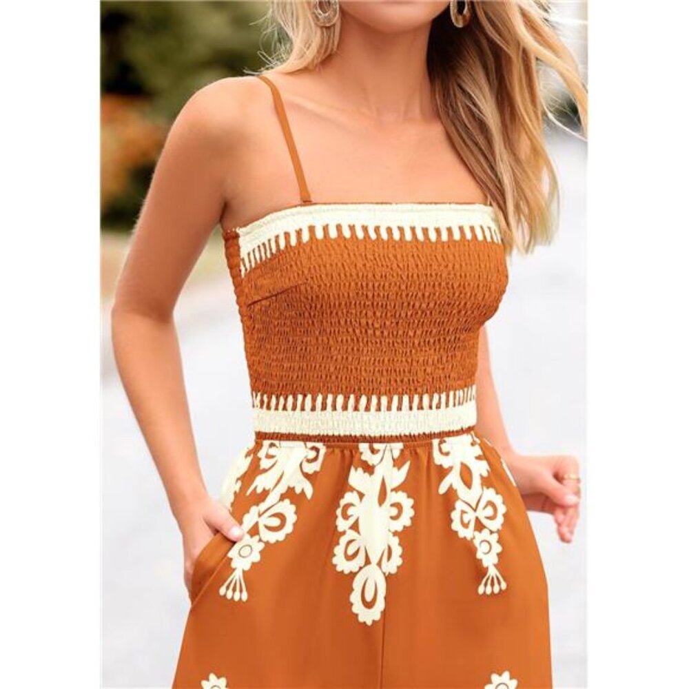 Women's Summer Boho Jumpsuit Spaghetti Strap Wide Leg Pants, Brick Red - Picture 5 of 6